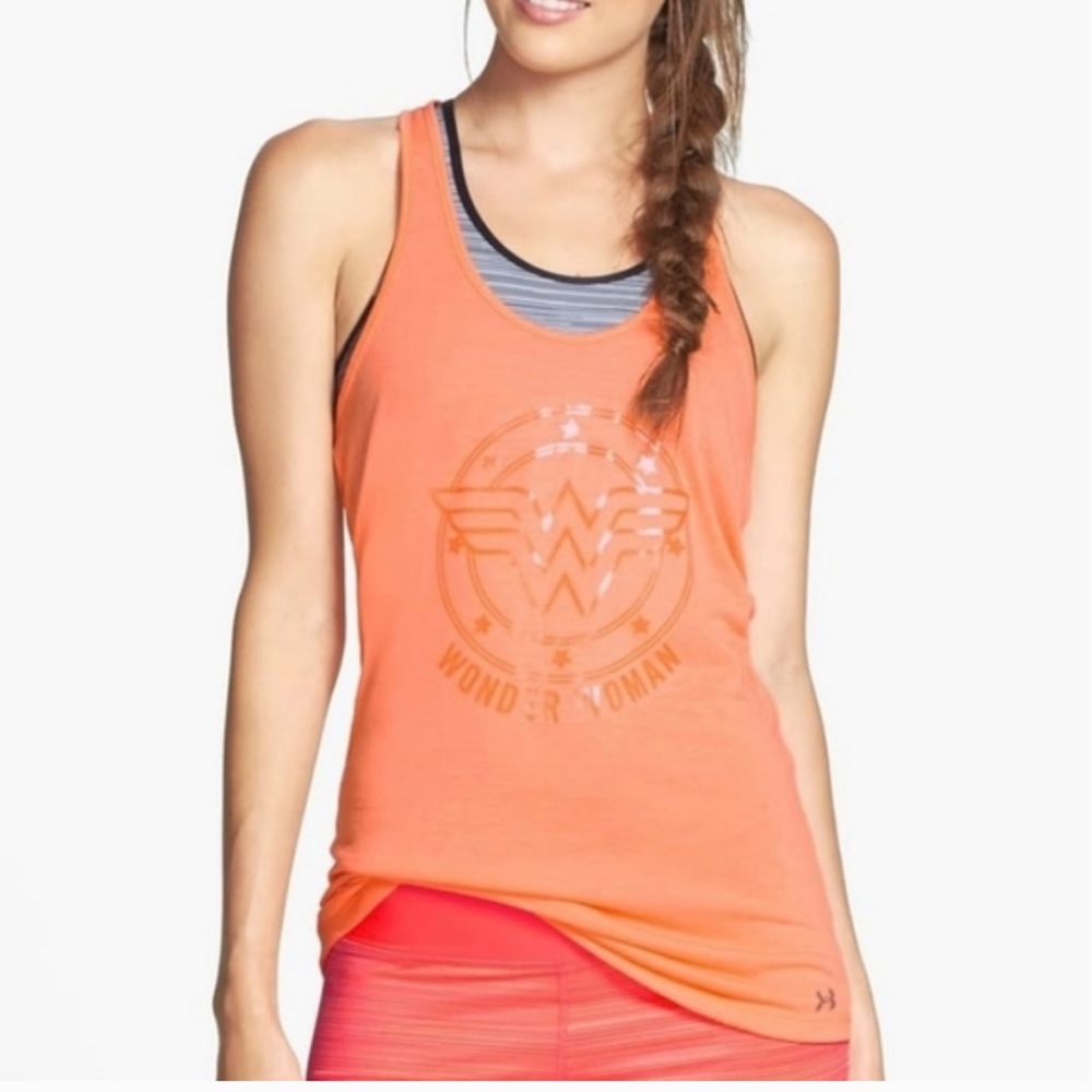 Under Armour DC Comics Wonder Woman Tank Top Large Orange Racerback Athleisure